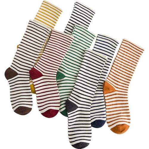 5 Pairs Women Socks Comfortable Sweat Literary Arts Tea New Products Japanese Womens Socks Striped Pile Cotton Tube Women Socks