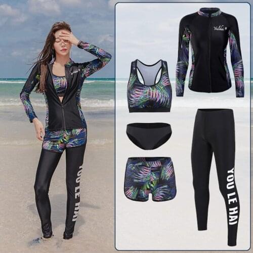 Female 5pcs Rashguards Long Sleeve Zipper Bathing Suit Bikini set Swimsuit UPF50 Sun UV Surf Swim Running Jogging Tight Clothes