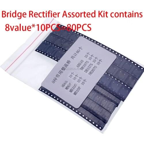8value*10pcs=80pcs Diode Bridge Rectifier Assorted Kit contains MB6S MB6F MB10S MB10F ABS10 DB107S DB157S DB207S