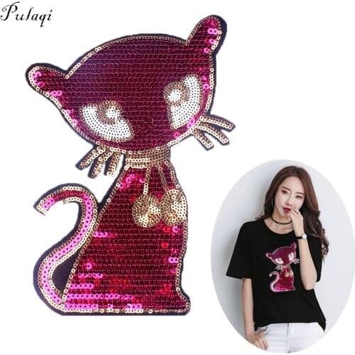 Pulaqi Sequin Products For Cat Sew On Patches Clothes Cartoon Animal Patch DIY Applique For Kids Girl T-shirt Decor Acessories F
