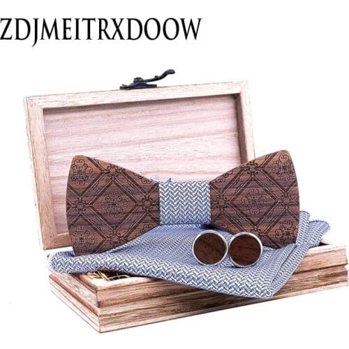 Wooden Bow Ties Marriage Silver Grey Bow Tie For Men Plaid Butterfly Cravat Bowtie Butterflies cufflinks pocket square set