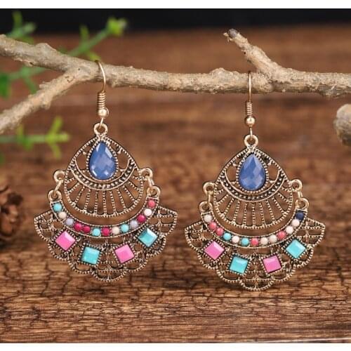 Ethnic Womens Gypsy Sector Crystal Ladies Earrings Tibetan Jewelry Retro Gold Alloy Indian Jhumka Earrings