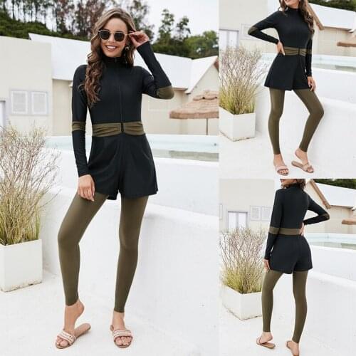 HAOFAN2021 Muslim one-piece color matching swimsuit womens long-sleeved trousers swimsuit diving fully enclosed swimming tights