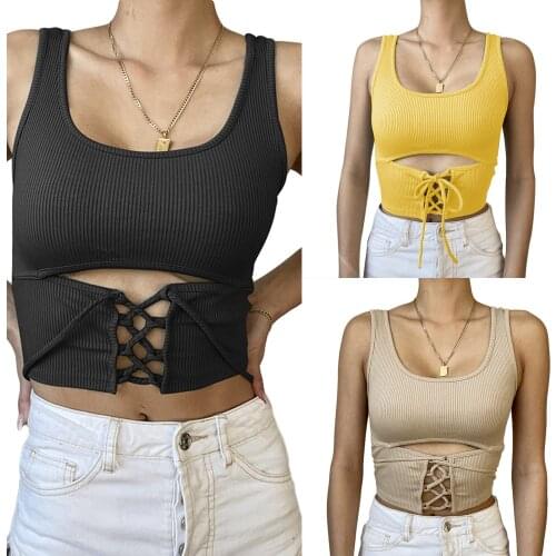 Womens Scoop Neck Tank Tops Sexy Sleeveless Solid Criss Cross Lace-Up Crop Rib Summer Vest Camis Basic Tube Casual Top Shirt