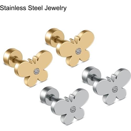 Cute Stainless Stee Butterfly Earrings Stud Gold Color Womens Girl Earrings Small Jewelry Screw Back Anti-Allergy