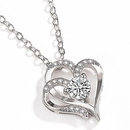 Fashion Charm Women Girl Metal Double Heart Shape Rhinstone Crystal Pendant Chain Necklace Wedding Necklace Gift