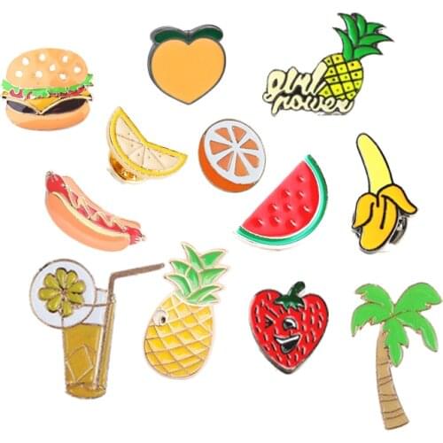 Fashion Cartoon Pineapple Peach Banana Fruit Brooch Men Coat Burger Hot Dog Metal Brooches Male Enamel Pins Child Badge Jewelry