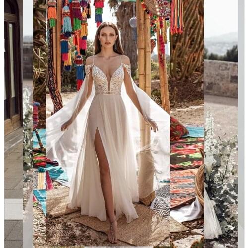 Wedding Dresses With Wrap Cape 2021 Spaghetti New Chiffon Lace High Split Bridal Gowns Chiffon Skirt Custom Made Flowing Boho