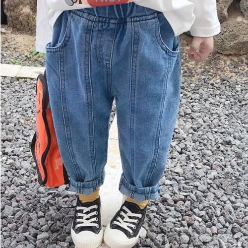 Casual Denim Pants for Kids 2021 Spring Autumn Bottom Elastic Waist Girls Jeans Light-Washed Long Trousers Straight Pants