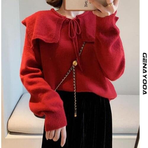 Genayooa Casual Christmas Pullover Fashion 2020 Women Sweater Long Sleeve Lace Up Knitted Ladies Jupmers Korean Style Winter