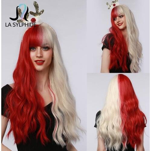 La Sylphide Synthetic Wig Long Natural Wavy Half Blonde Half Red Hair Wigs with Bangs for Women Cosplay Party Lolita Wig