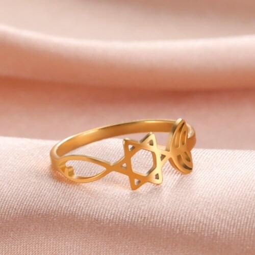 Skyrim 2021 New Star of David Menorah Fish Rings for Women Stainless Steel Gold Color Hexagram Finger Ring Wicca Amulet Jewelry