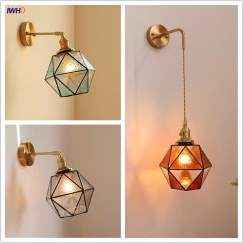 IWHD Japan Style Copper LED Wall Lights Fixtures Switch Beside Bathroom Mirror Stair Light Glass Modern Wall Lamp Sconce