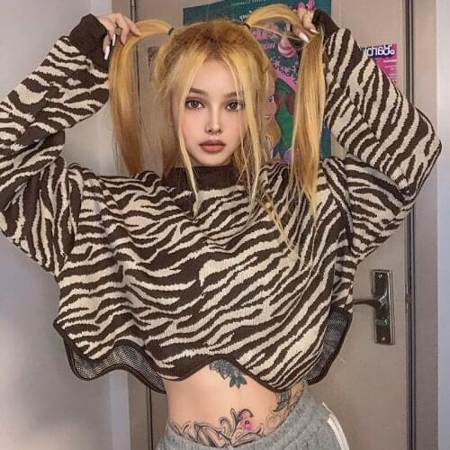 Zebra-print Sweater Women Vintage Round-collar Long-sleeved Irregular Sweaters High Sweet Fashion Short Knitted Pullover