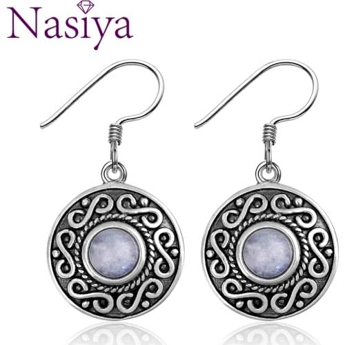 Nasiya Vintage Ethnic Style Round Waterdrop Moonstone 925 Sterling Silver Drop Earrings Women Jewelry Gift Dropshipping