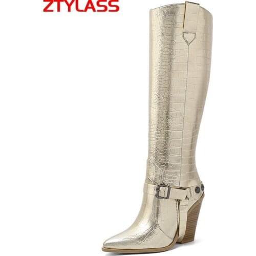 Gold Silver Women Boots Fashion Buckle Knee High Boots Pu Leather Wedges High Heel Long Boots Pointed Toe Autumn Winter Shoes