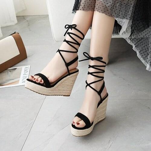 Summer Womens Sandals Cross strap Womens shoes Lace up Wedge heel banquet Comfortable woman Big Size 34-43 Heel height 11cm