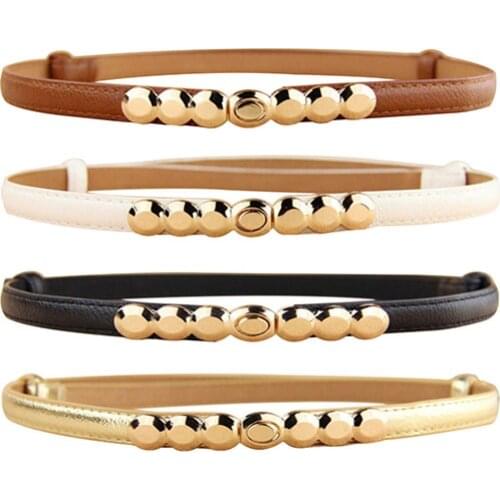 Women Faux Leather Belt Gold Tone Alloy Buckle Thin Girdle Waistband Adjustable