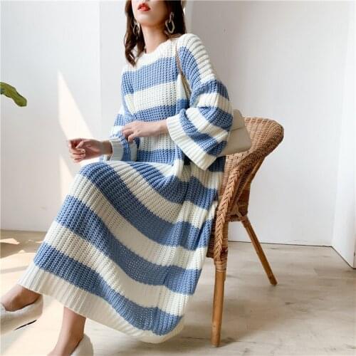 Stripe Crew Neck Pullover Sweater Women 2020 Spring New Loose Large Size Vintage Long Knit Dress Female