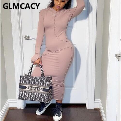 Women Long Sleeve Solid Chic Maxi Dress Solid Casual Bodycon Dress