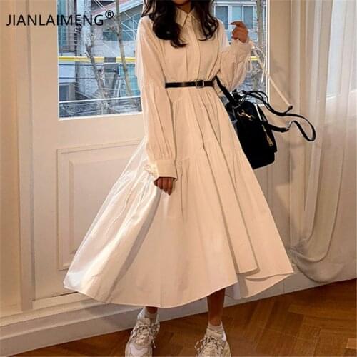 Women Dress Long Sleeve Spring Autumn Vintage Designer Collar Lapel Button Up Ruched Ruffles Cotton White Dresses Female Clothes