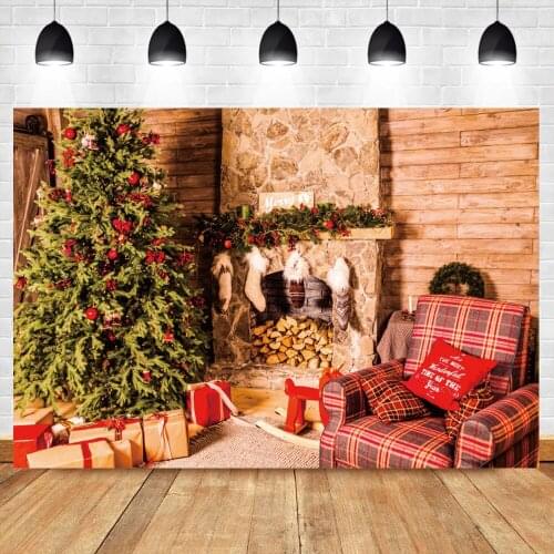 Winter Christmas Background For Photography Interior Fireplace Tree Gifts Sofa Scene Photo Backdrop Photocall Photo Studio Props