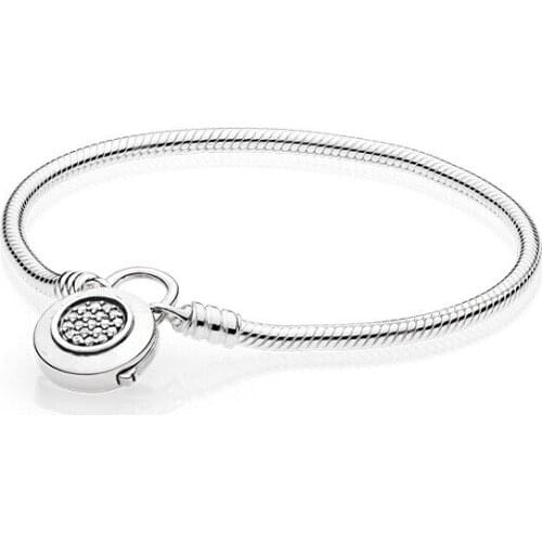 100% 925 Sterling Silver Moments Pave Padlock Clasp Snake Chain Bracelet DIY Jewelry Gift Argent S925 Bracelets for Women