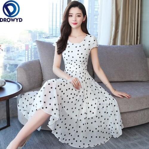 2021 Summer Vintage White Dot Chiffon Beach Dresses Korean Plus Size Boho Sexy Midi Sundress Women Bodycon Party Classy Vestidos
