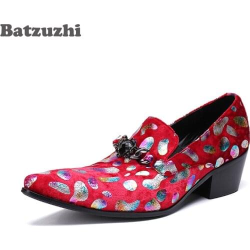 Batzuzhi 6.5cm Heels Luxury Handmade Mens Shoes Pointed Toe Red Leather Dress Shoes for Men Business, Party, Wedding, US6-US12