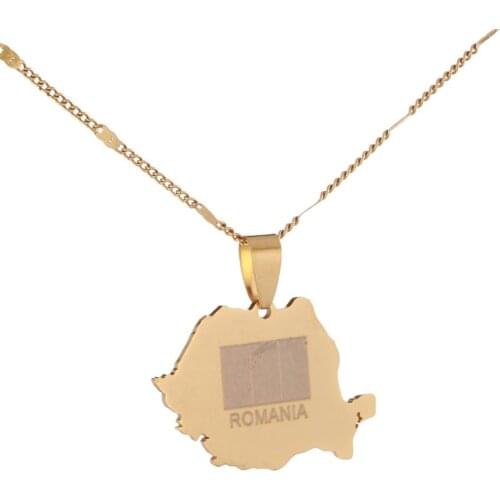 Stainless Steel Gold Color Romania Map Flag Pendant Necklace Romanian Map ChainJewelry