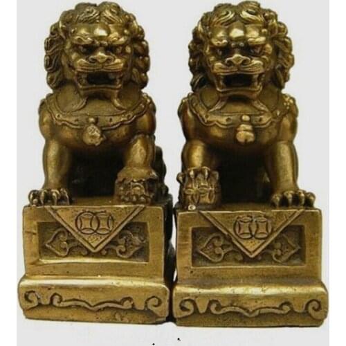 China Chinese Brass Folk Fengshui Foo Fu Dog Guardion Door Lion Statue Pair