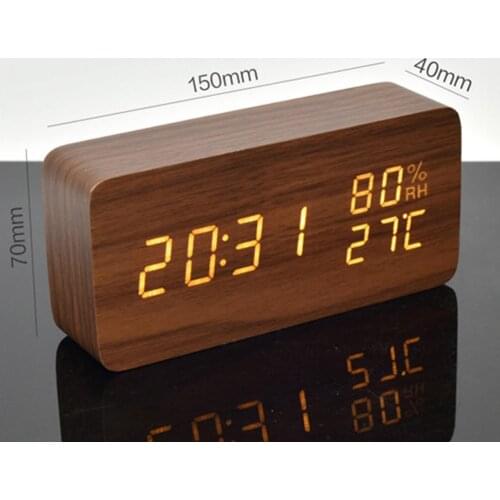 Digital alarm Clock LED Adjustable Brightness Voice table Clock Wooden Alarm Clock with Date Temperature and Humidity Display