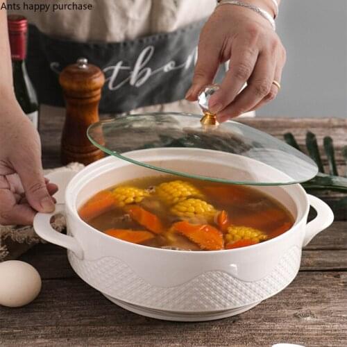 Northern Europe Home Ceramics Binaural Bowl with Glass Cover Crystal Handle White Large Bowl Soup Plate Decorative Tableware