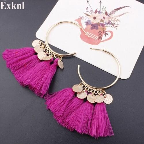 Exknl 2018 Ethnic Bohemia Drop Dangle Long Rope Fringe Cotton Tassel Earrings Trendy Coin Earrings for Women Fashion Jewelry