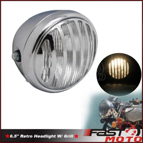 Cafe Racer Chrome 17cm High Low Beam Headlight Retro Head Light 6.5" Universal Headlamp Solid Steel Headllamp Housing W/ Grill