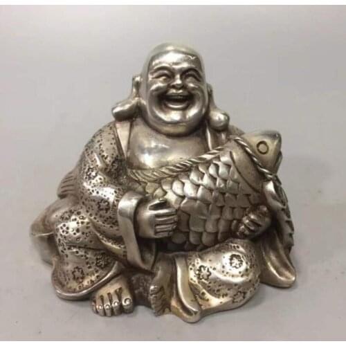 China White copper maitreya Buddha hug fish crafts statue