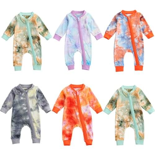 Newborn Baby Tie Dyed Zipper Rompers Long Sleeve O-neck Jumpsuit Playsuit Spring Autumn Infant Boys Girls One Piece Suit 0-24M