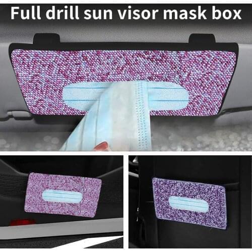 Visor Mask Holder Box Diamond Encrusted For Car, Efillable With Up To (20) 3-ply Organizer Disposable Mask Case Box Container
