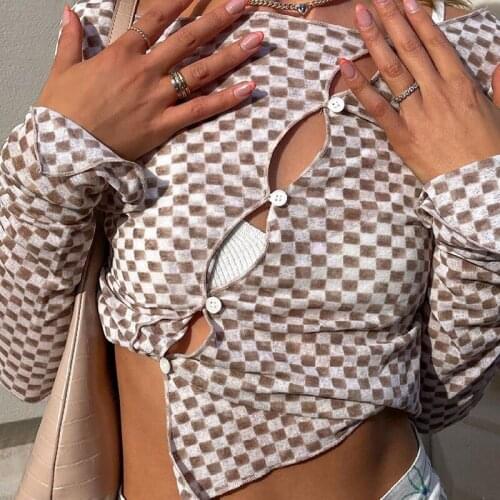 Autumn Long Sleeve Slim Fit Crop Tops Y2K Vintage Plaid Sexy T-shirt Women Skinny Tees Buttons Cut Out Aesthetic Tshirt Clothes