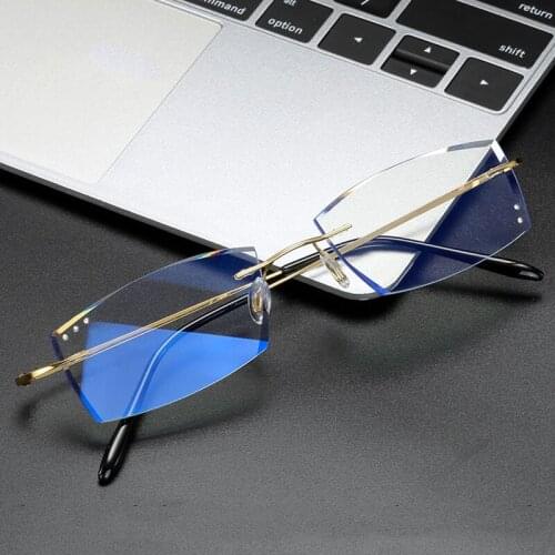 Fashion Frame-less Square Reading Glasses Diamond-mounted Anti Blue Light Magnifier Ultralight Presbyopic Eyewear