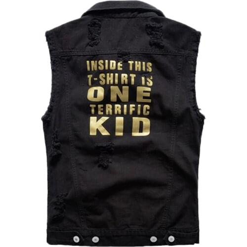 Idopy Fashion Ripped Denim Vest Letter Printed Distressed Slim Fit Jean Jacket Male Sleeveless Waistcoat For Men