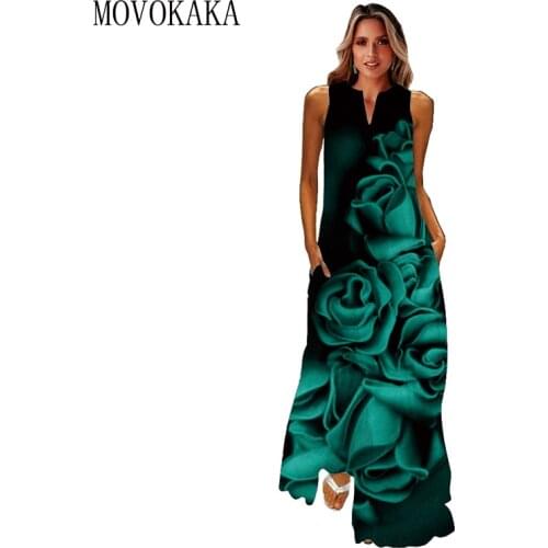 MOVOKAKA Green Rose Print Sleeveless Dress 2021 Summer Holiday Beach Casual Vintage Dresses Woman Party Elegant Long Dress Women