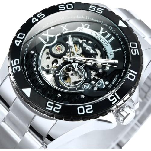 WINNER Men Retro Mechanical Watch Automatic Skeleton Watches Mens 2021 Fashion Steel Strap Clock Rotatable Bezel часы мужские