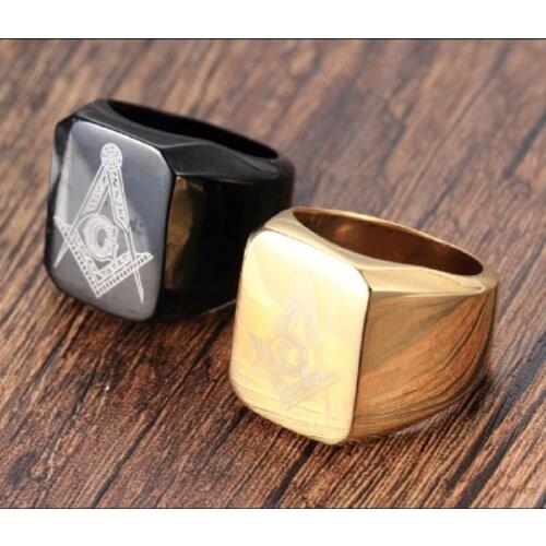 Golden and Black Mens Rings Jewelry Freemasonry Free Mason Ring Masonic Ring Stainless Steel Finger Ring Size 7 to 14
