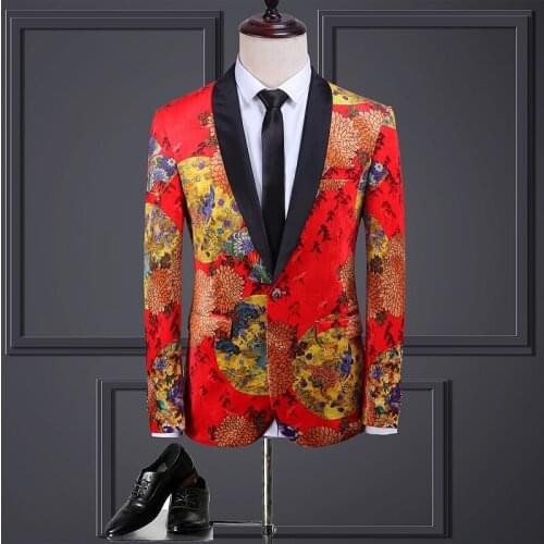 Men Blazer Chinese Style One Button Slim Fit Party Host Prom Costume Groom Blazer Jacket Red Floral Printing M-5XL