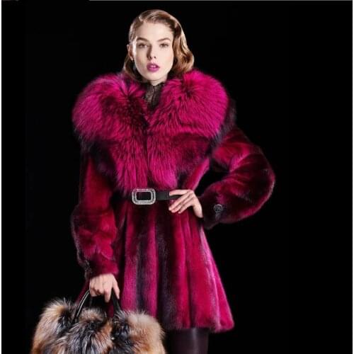 Real mink fur coat with large fox fur collar long natural full pelt women fur jacket genuine female outerwear