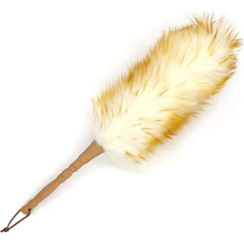 New Lambs Wool Duster with Solid Wooden Handle,Flexible Head,Leather Hang Strap,Comfortable Grip Natural Feather Dust Duster