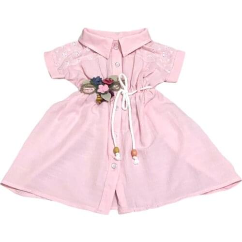 Female Child Pink Embroidered Dress Button Cotton Solid Color Short Sleeve Trend Shirt Collar Slim