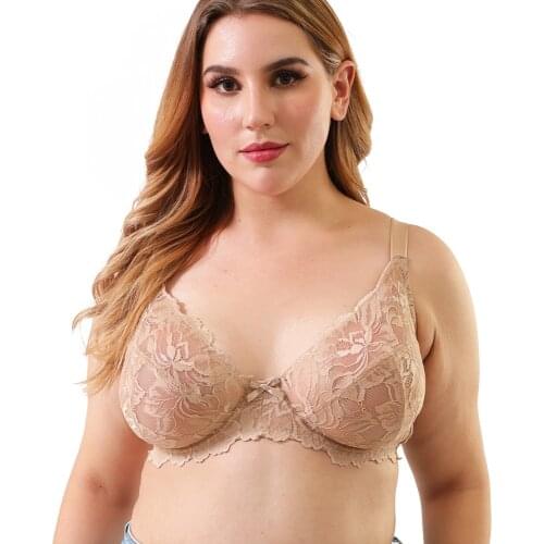Plus Size Bra Womens Full Coverage Non Padded Embroidery Floral Lace Bra Underwired Minimizer Bra Big Cup B C D DD DDD E F