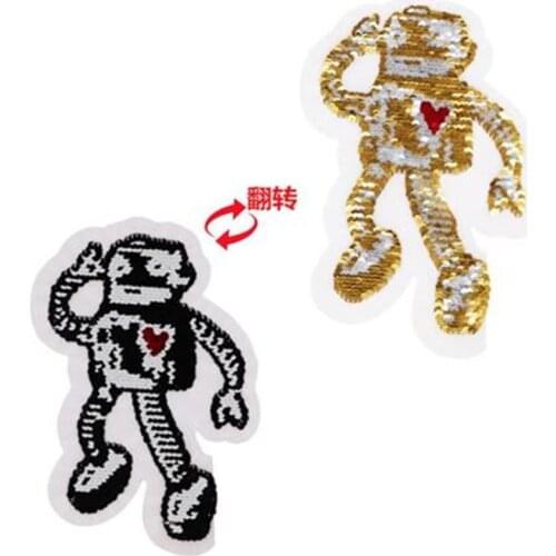 ShinEquin Cute Robot Boy flip the double sided Patches for clothing Diy Reversible change color sequins Patch T-shirt Stickers